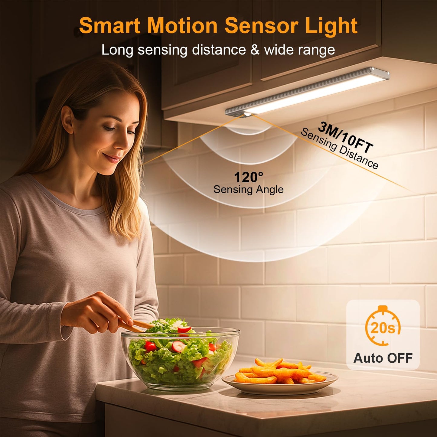 Gritin 10.2inch Under Cabinet Lighting Rechargeable -84 LED Super Bright,3-Color& 5 Level Brightness,4 Modes,Motion Sensor,Long Lasting- Easy Installation Magnetic Under Cabinet Closet Lights -2 Pack