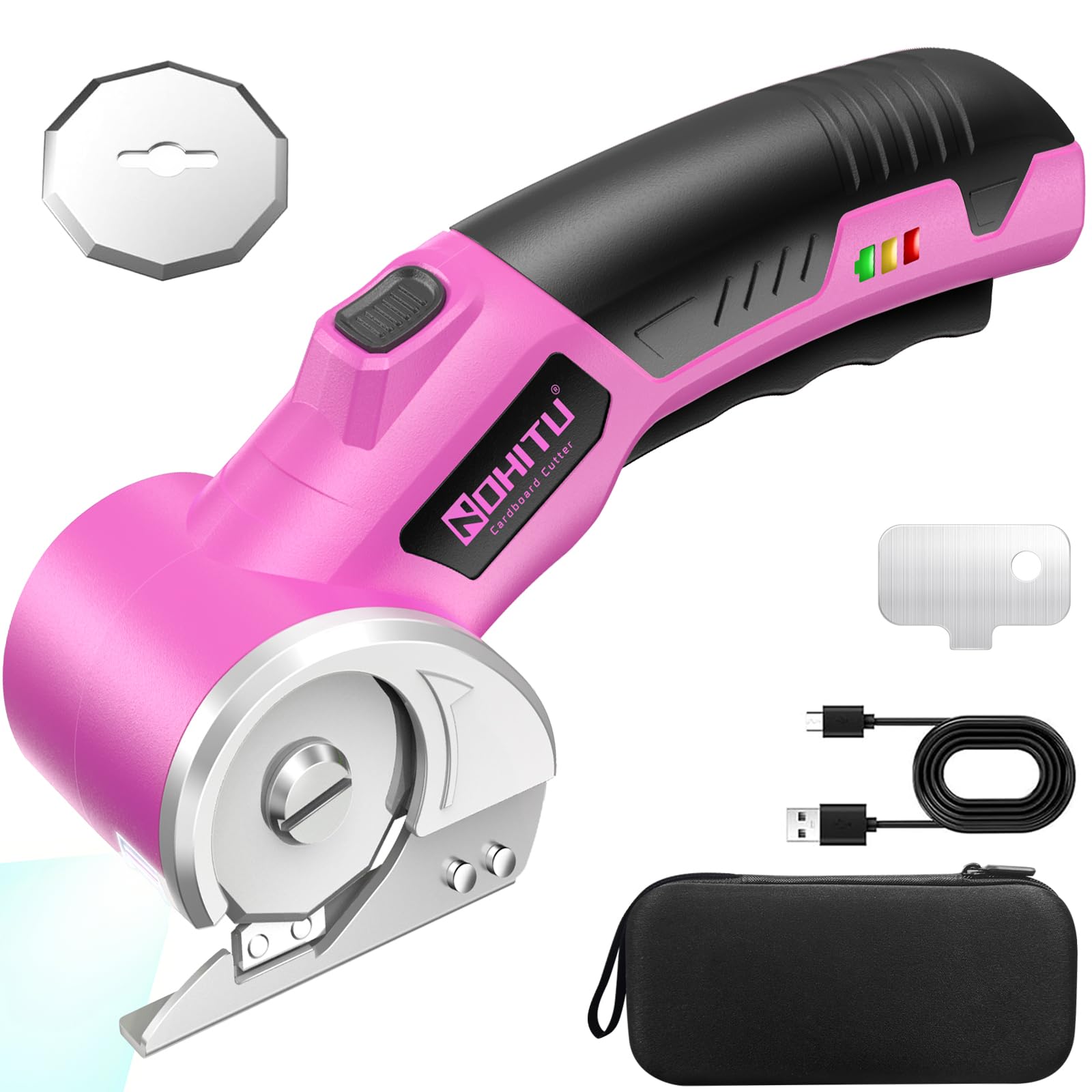 Cordless Electric Scissors: 4V Rechargeable Rotary Cardboard Cutter, 3000mAh Battery, with LED Light, 2 Blades, Box Cutter for Fabric Carpet Carton Plastic Leather Cloth