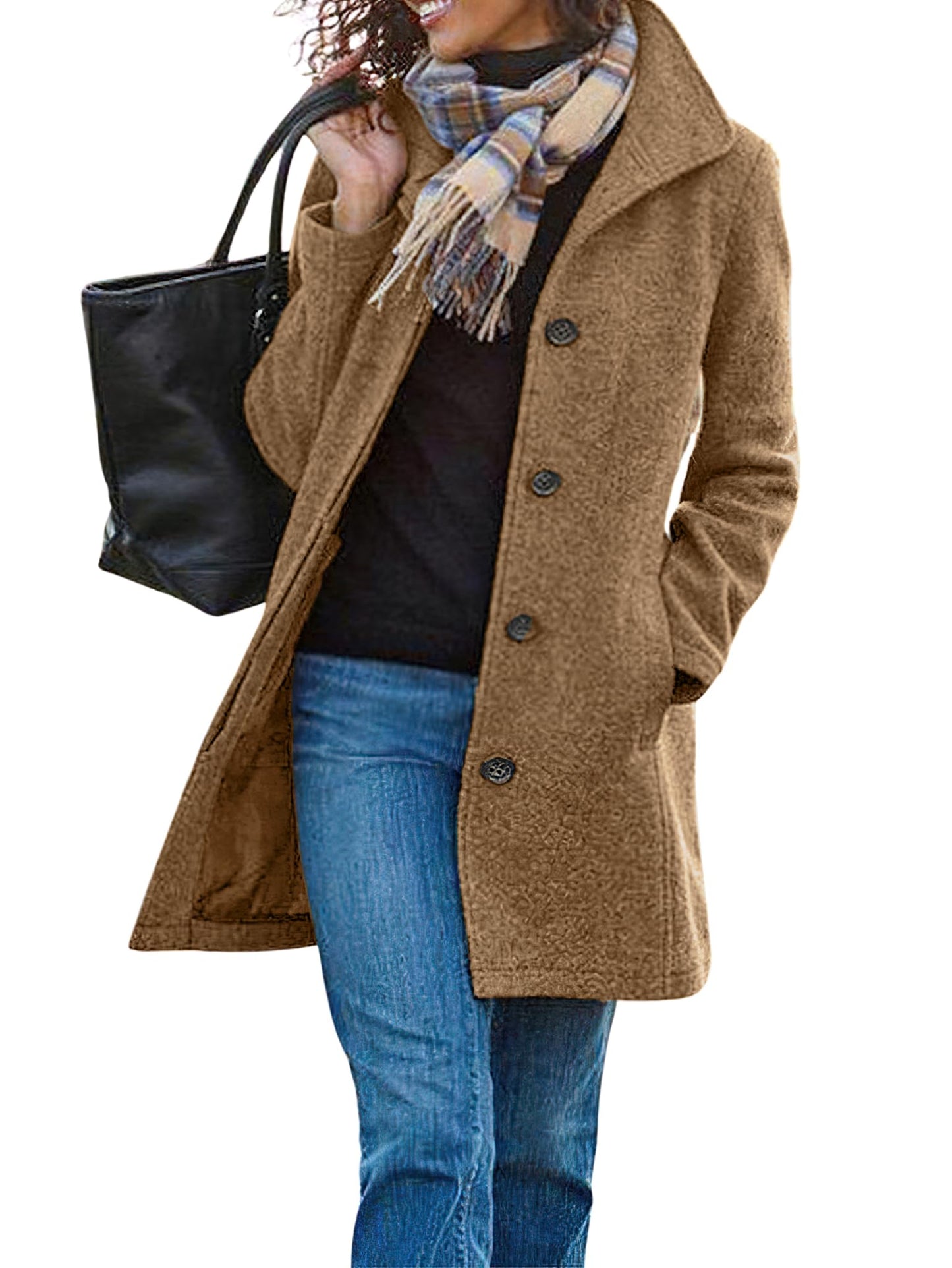 CHARTOU Women's Casual Thicken Wool Blend Stand Collar Single Breasted Pea Coat