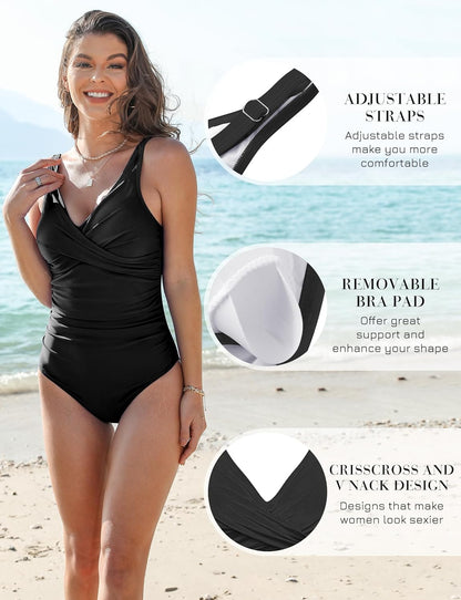 Women's One Piece Swimsuits Tummy Control Bathing Suits for Womens V Neck Criss Cross Ruched Push Up Slimming Swimwear