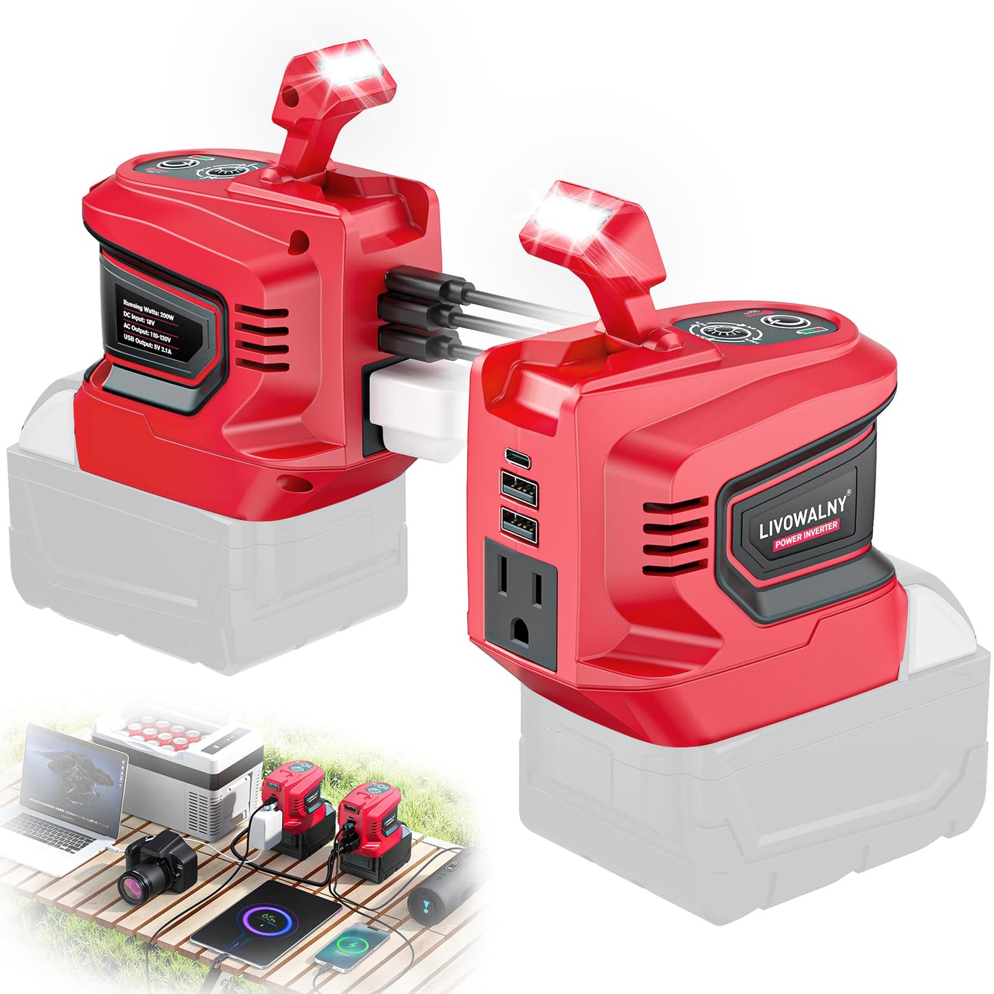 Real 200W Power Inverter Compatible With Dewalt, DC 20V to AC 110-120V Battery Inverter, LIVOWALNY Portable Power Station Generator, Charger Adapter Battery Powered with 2 USB & 1 Type-C & 1 AC Outlet