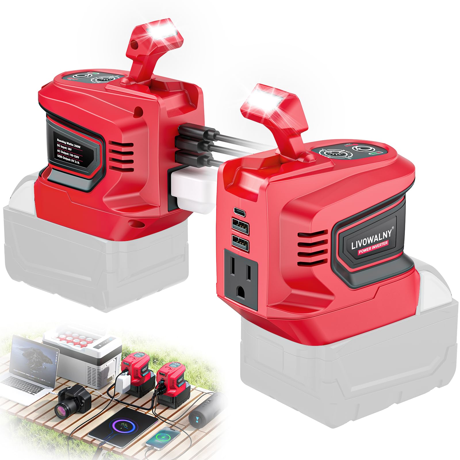 Real 200W Power Inverter Compatible With Dewalt, DC 20V to AC 110-120V Battery Inverter, LIVOWALNY Portable Power Station Generator, Charger Adapter Battery Powered with 2 USB & 1 Type-C & 1 AC Outlet