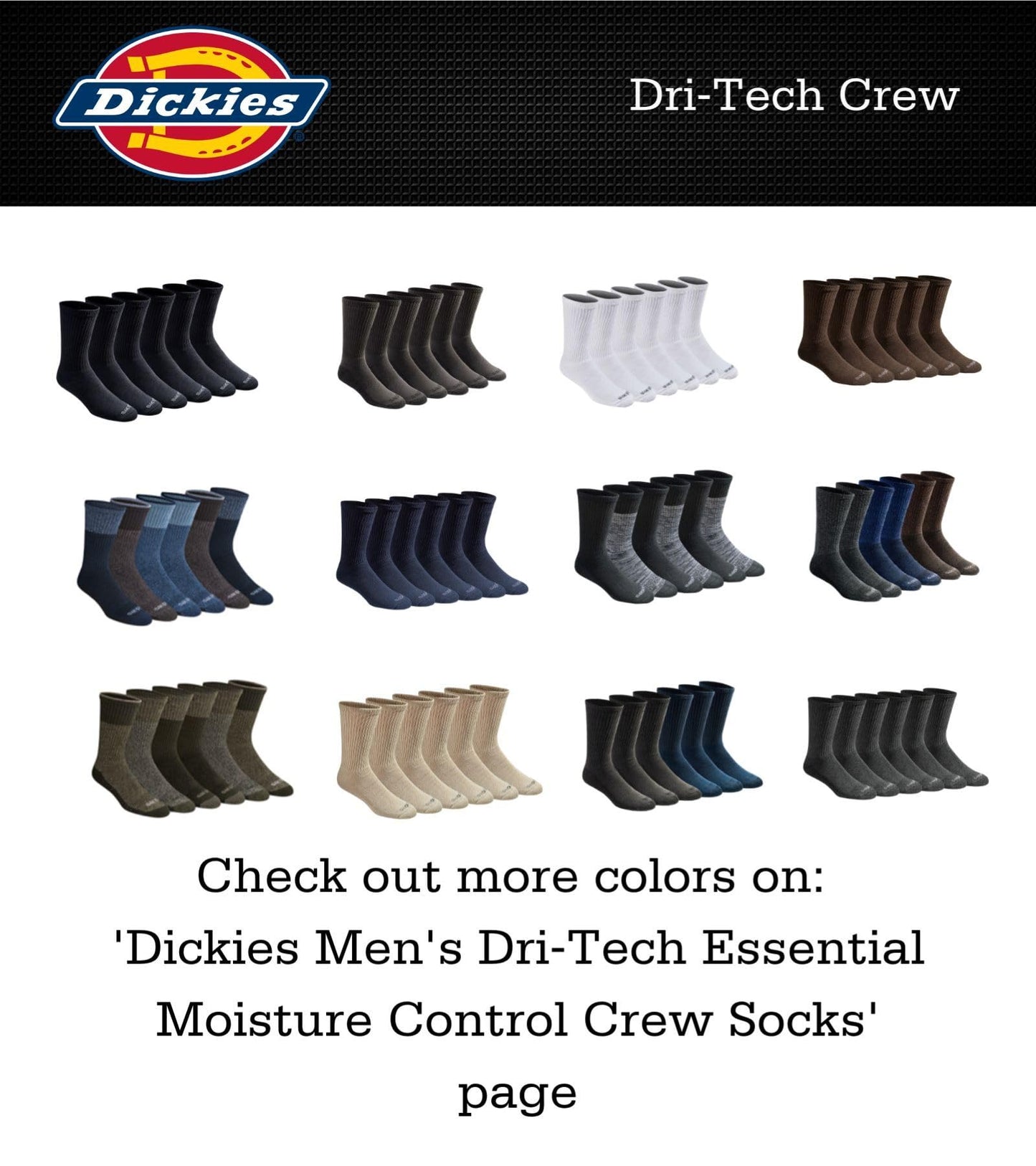 Dickies Men's Dri-Tech Original Moisture Control Crew Socks, Available in M-XXL (6, 12, 18 Pairs)