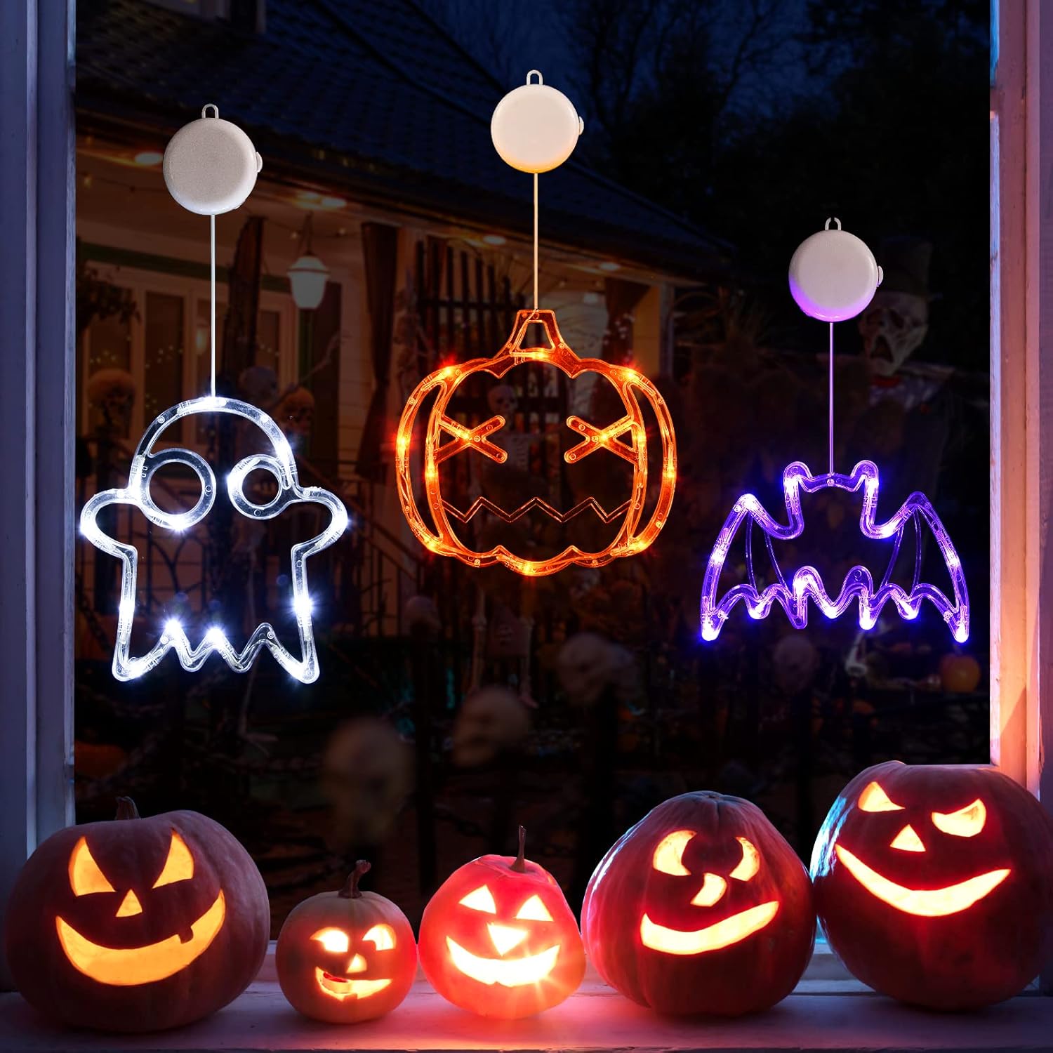 LOLStar Halloween Lights Decorations 2025 3-Pack Orange Pumpkin White Ghost Purple Bat Window Lights with Suction Cups, Battery Operated Halloween LED Lights Window Decor Slow Fade Mode and Timer