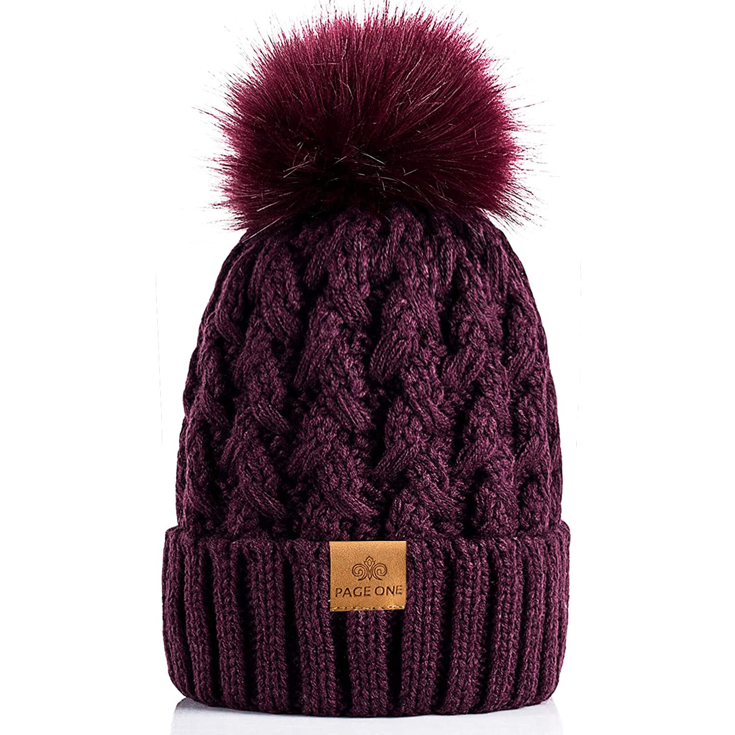 PAGE ONE Womens Winter Ribbed Beanie Crossed Cap Chunky Cable Knit Pompom Soft Warm Hat