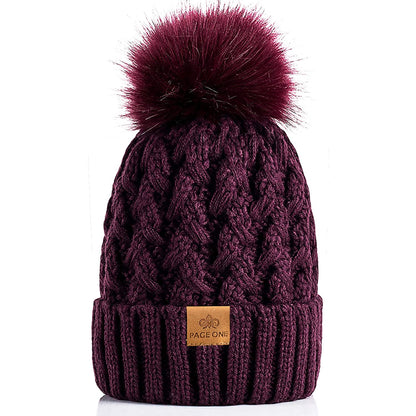 PAGE ONE Womens Winter Ribbed Beanie Crossed Cap Chunky Cable Knit Pompom Soft Warm Hat