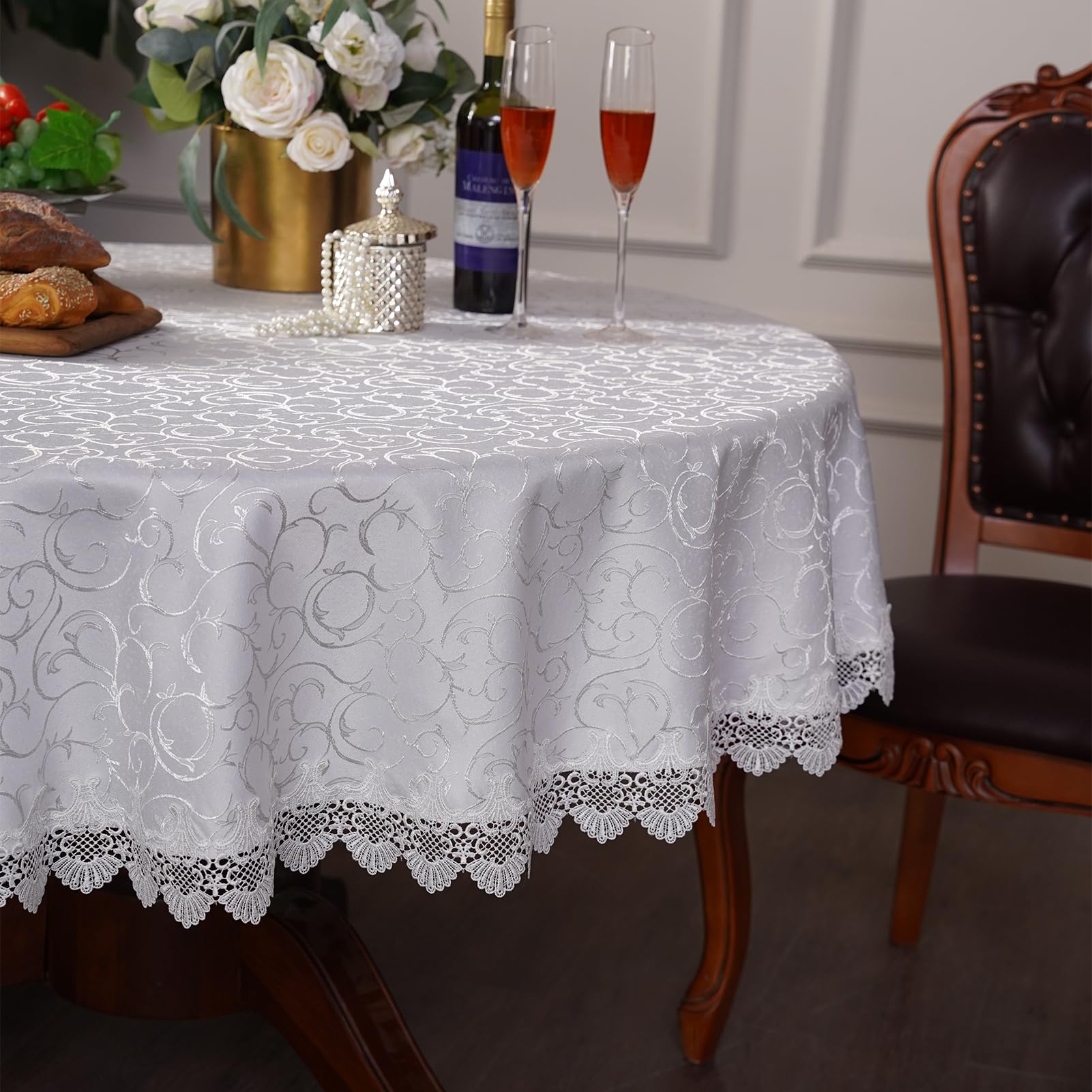 White Round Tablecloth Jacquard Table Cloth with Exquisite Lace Border Farmhouse Tablecloths Fall for Dining Wedding Coffee Outdoor Indoor Party Holiday Tabletop Use (White, 70 Inches Round)