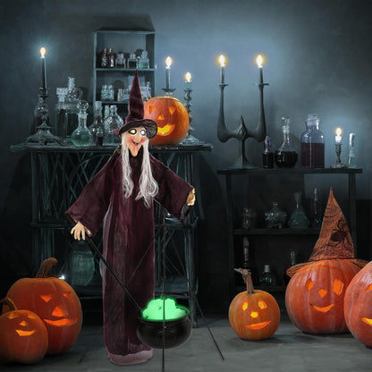 3 Pcs 71" Halloween Hanging Witch Decorations Set LED Large Outdoor Ghost with Cauldron, Sound Activated Talking Animated Prop with Broom, Tripod Outdoor Halloween Decor for Yard Lawn Garden