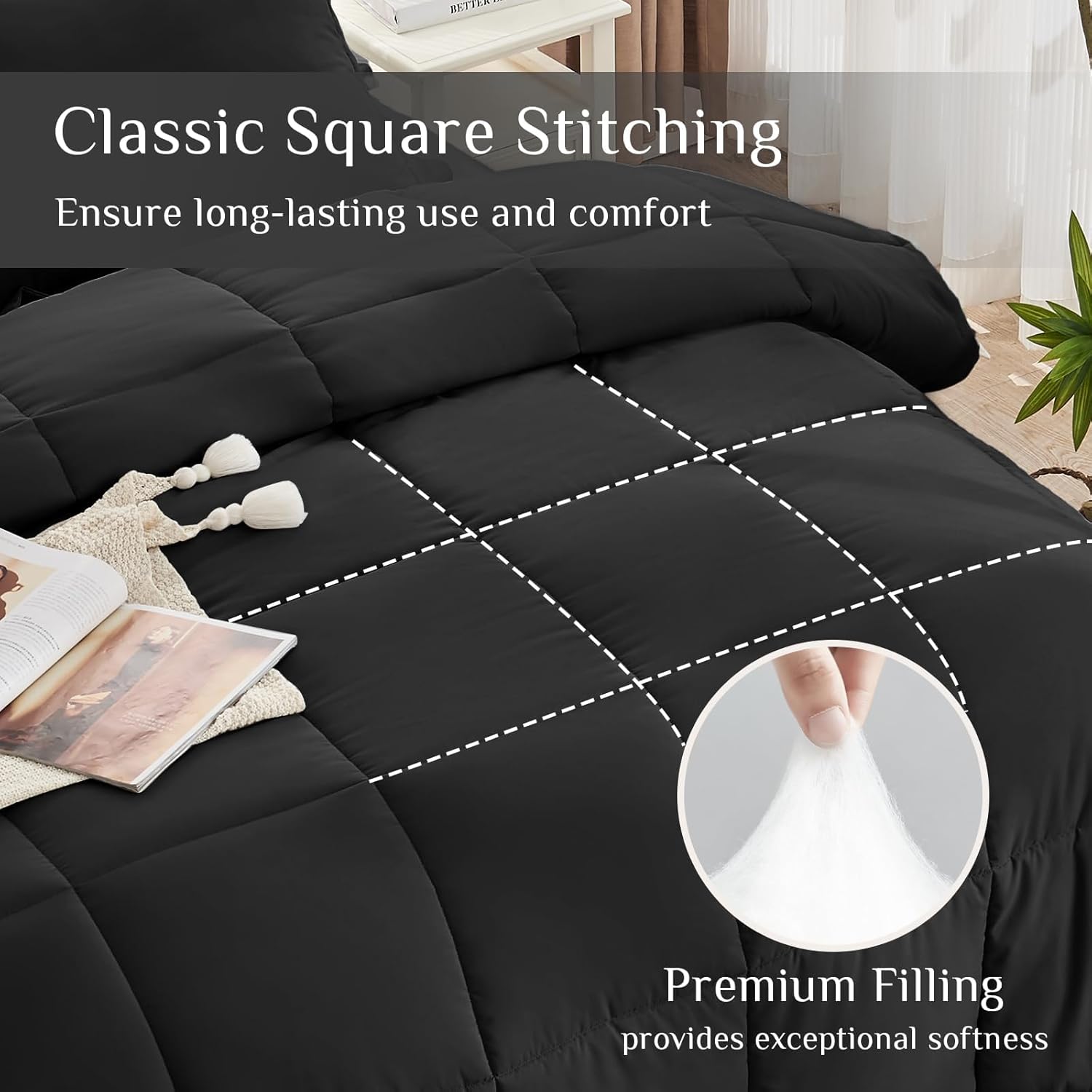 JOLLYVOGUE Queen Comforter Set, Ultra-Soft Bed in a Bag Queen Size 7 Pieces, Oeko-TEX Certified Bedding Set with Down Alternative Comforter, Sheets, Pillowcases & Shams, Black