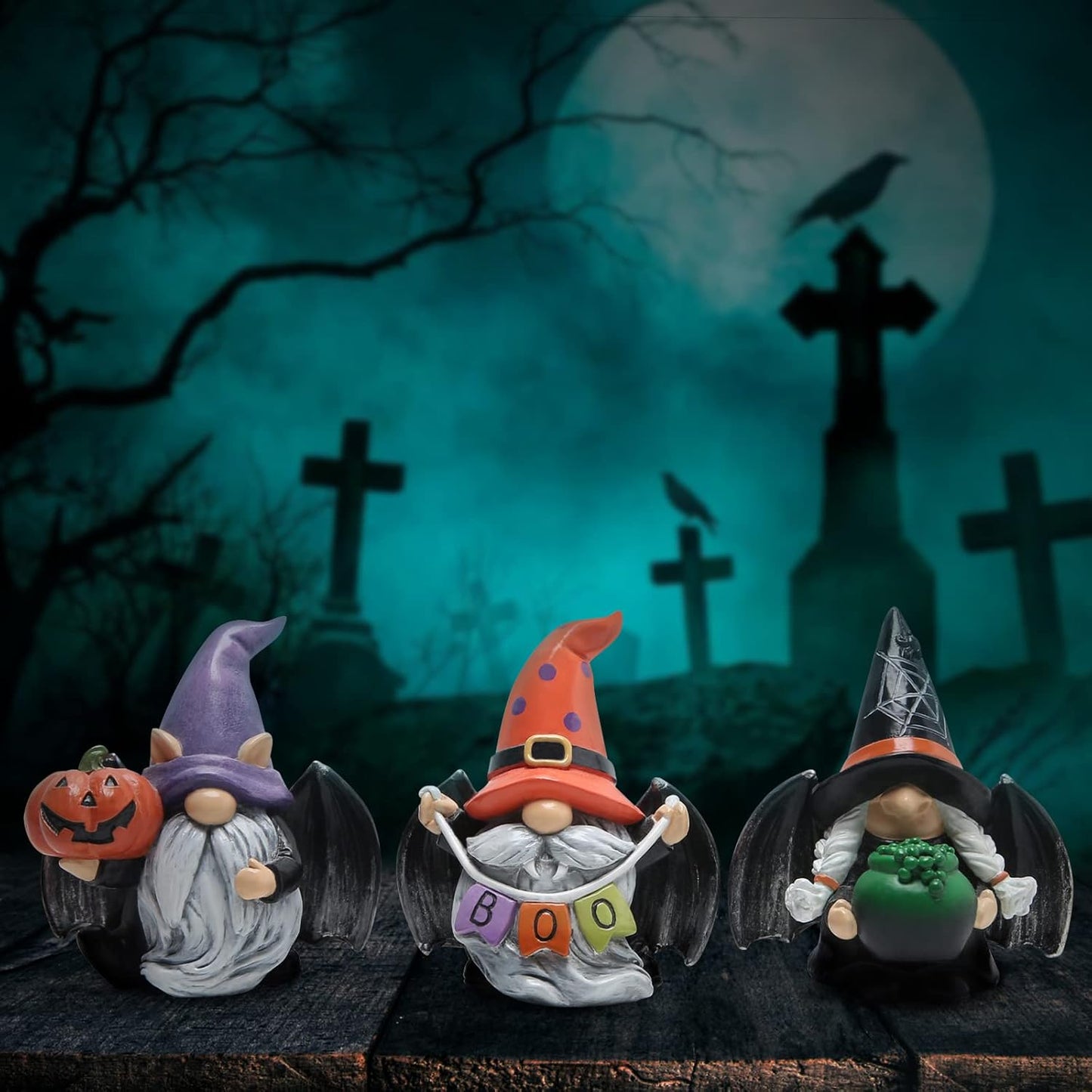 Hodao 3pcs Halloween Gnomes Decorations Handmade Scandinavian Gnome Figurines with Black Wing Boo Halloween Gnomes Figurines Decor Pumpkin Office Table Decorations Gifts