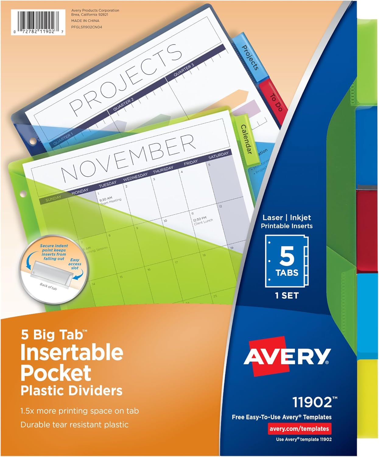 Avery Dividers for 3 Ring Binders, 5 Tab Plastic Binder Dividers, Pockets, Insertable Big Tabs, Multicolor, Extend Beyond Sheet Protectors, 1 Set (11902)