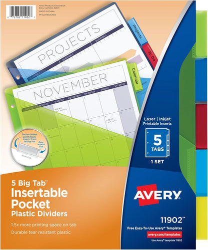 Avery Dividers for 3 Ring Binders, 5 Tab Plastic Binder Dividers, Pockets, Insertable Big Tabs, Multicolor, Extend Beyond Sheet Protectors, 1 Set (11902)