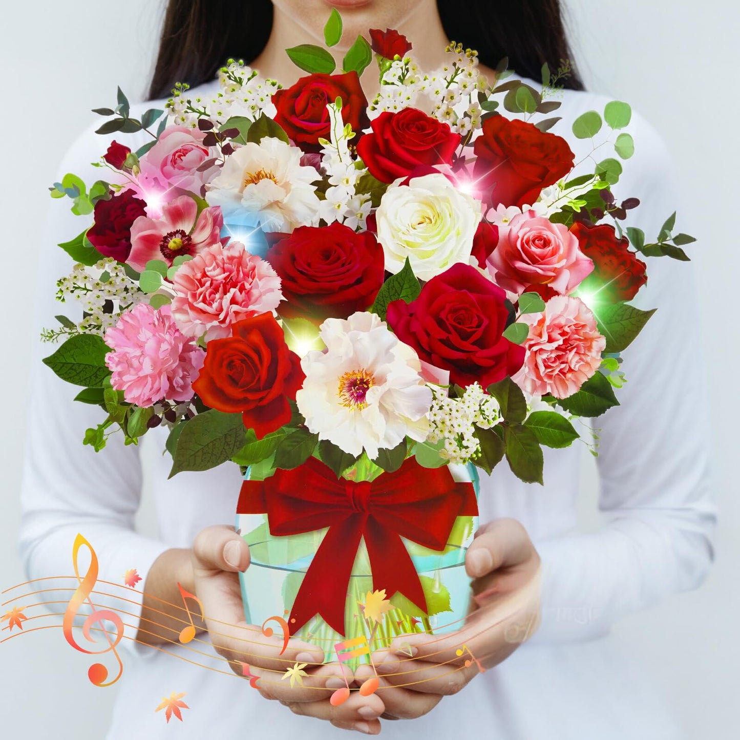 Christmas Cards with Lights and Music, Christmas Bouquet with Snowman, Popup Musical Greeting Card for Holiday New Year