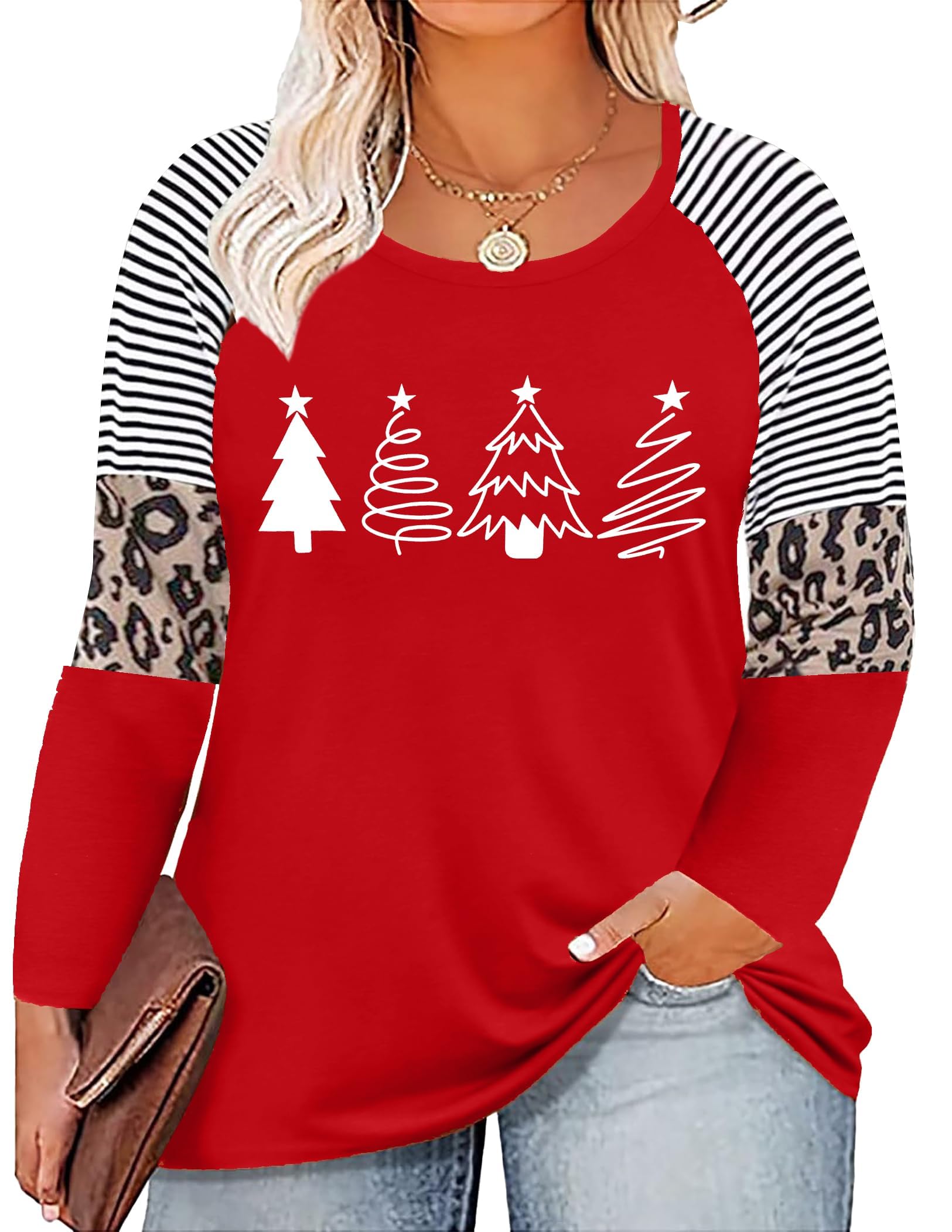 Plus Size Christmas T Shirt Women Xmas Leopard Plaid Trees Print Tees Casual Long Sleeve Holiday Shirts Top