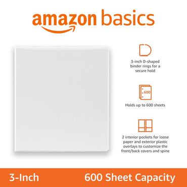 Amazon Basics 3 Ring Binders, 3 Inch, 2 Pack, D-Ring Organizer for School, Home Office, White