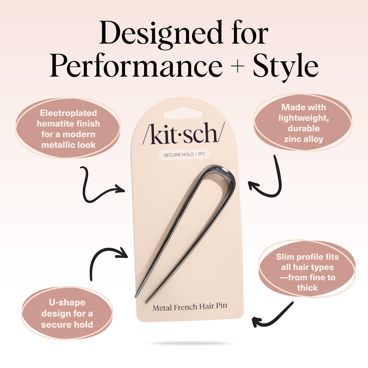 Kitsch Metal French Hair Pin for Women - Elegant Hair Accessories, Ideal for Buns & French Twist, Designed for a Secure, Comfortable Fit | Ideal Gifts for Women - Hematite