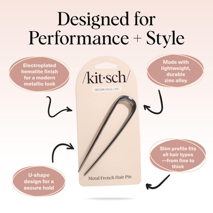 Kitsch Metal French Hair Pin for Women - Elegant Hair Accessories, Ideal for Buns & French Twist, Designed for a Secure, Comfortable Fit | Ideal Gifts for Women - Hematite