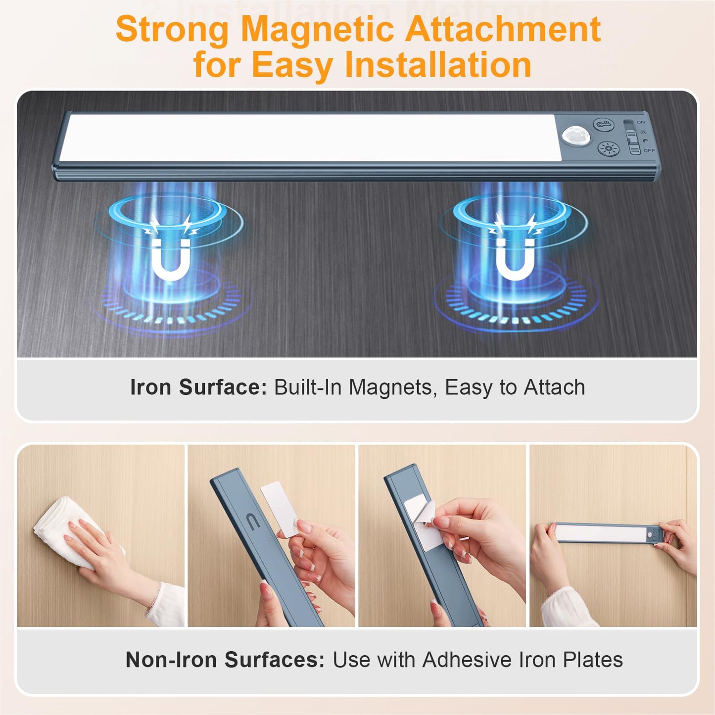 Gritin 10.2inch Under Cabinet Lighting Rechargeable -84 LED Super Bright,3-Color& 5 Level Brightness,4 Modes,Motion Sensor,Long Lasting- Easy Installation Magnetic Under Cabinet Closet Lights -2 Pack