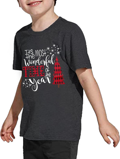 Christmas Shirts Toddler Boys Girls Xmas Buffalo Plaid Trees T-Shirt Christmas Graphic Tees Holiday Tops