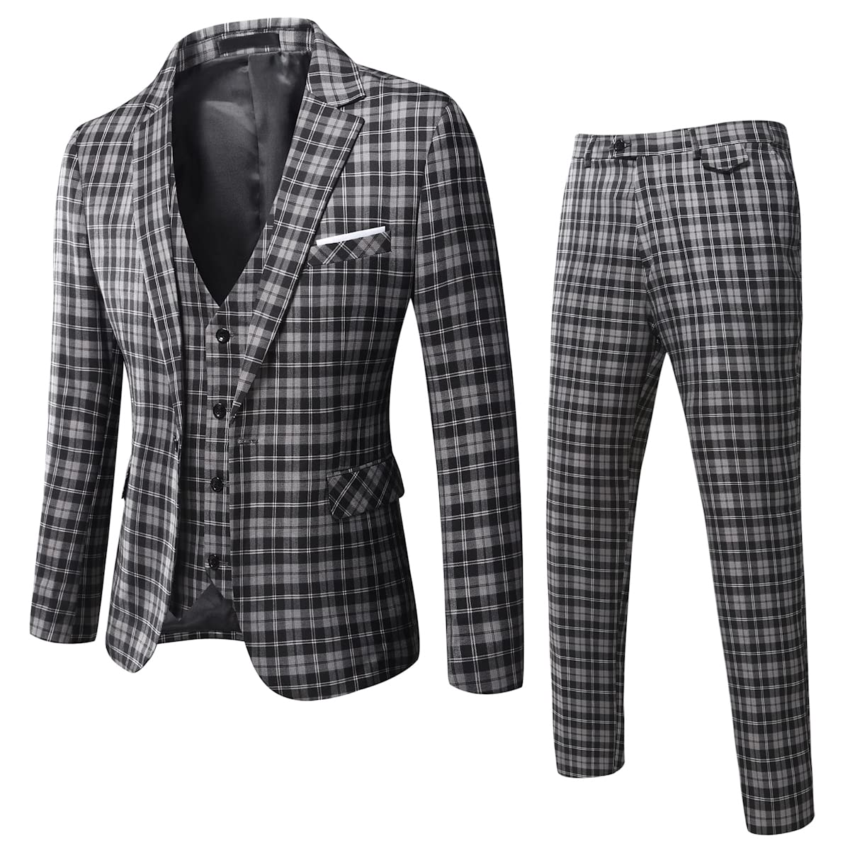 WULFUL Men’s Slim Fit Suit One Button 3-Piece Blazer Dress Business Wedding Party Jacket Vest & Pant