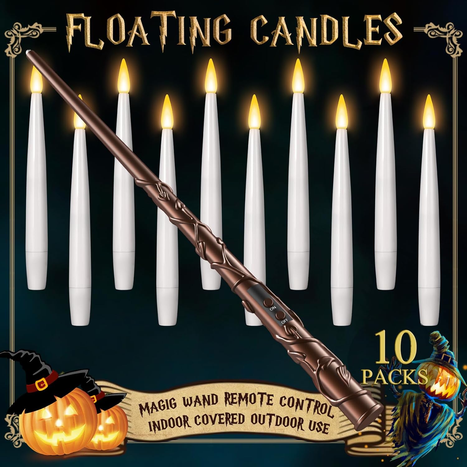 Floating Candles with Wand 10PCs - Magic Hanging Candles Halloween Decorations Flameless Taper Candles with Remote, Floating Lights Gifts for Window Home Bedroom Wedding Birthday Party Indoor Decor