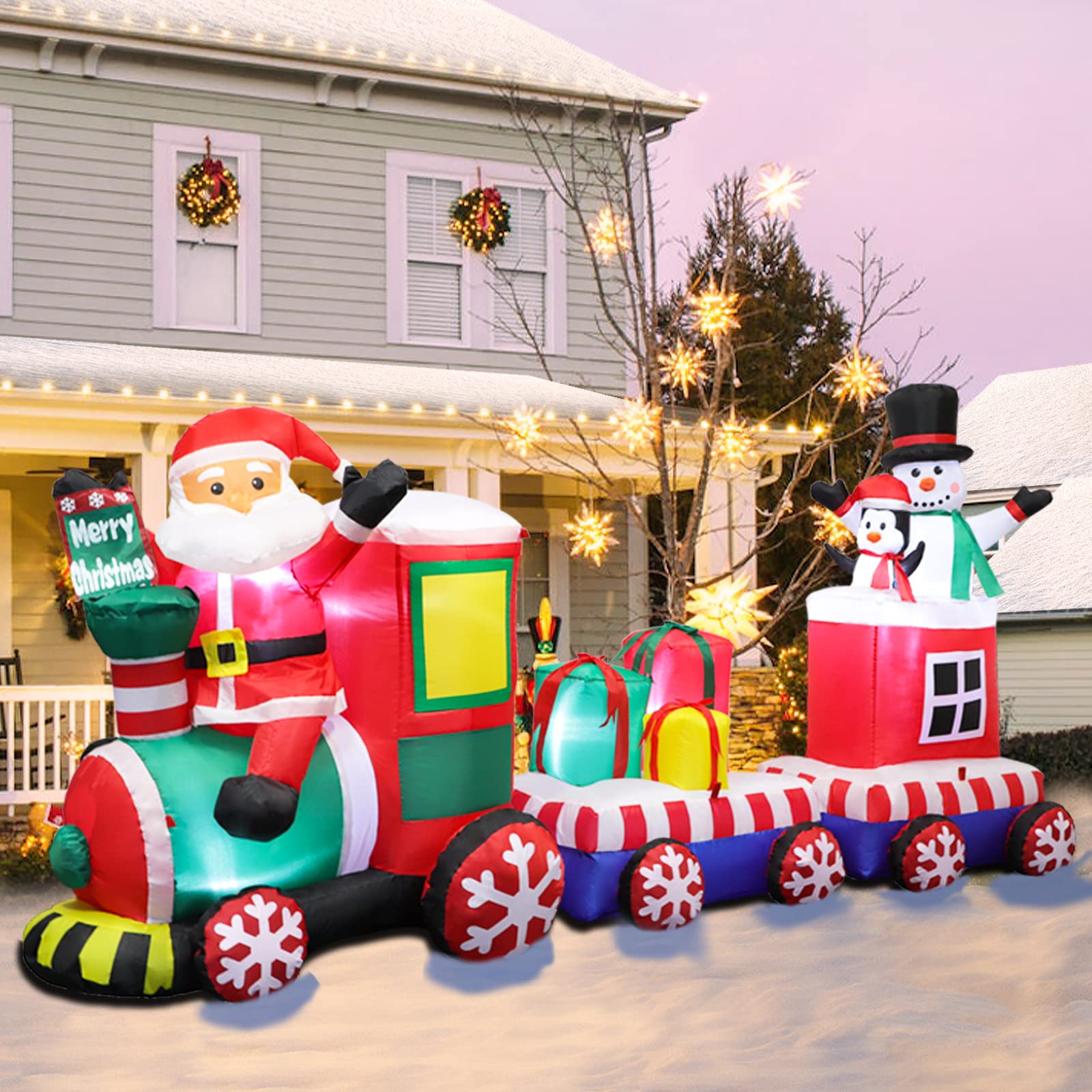 8.5 FT Long Christmas Inflatable Outdoor Decorations, Blow Up Santa Claus Helicopter with Bright LED Lights, Christmas Santa and Reindeer Flying Airplane for Xmas Decor, Lawn, Yard Holiday Party