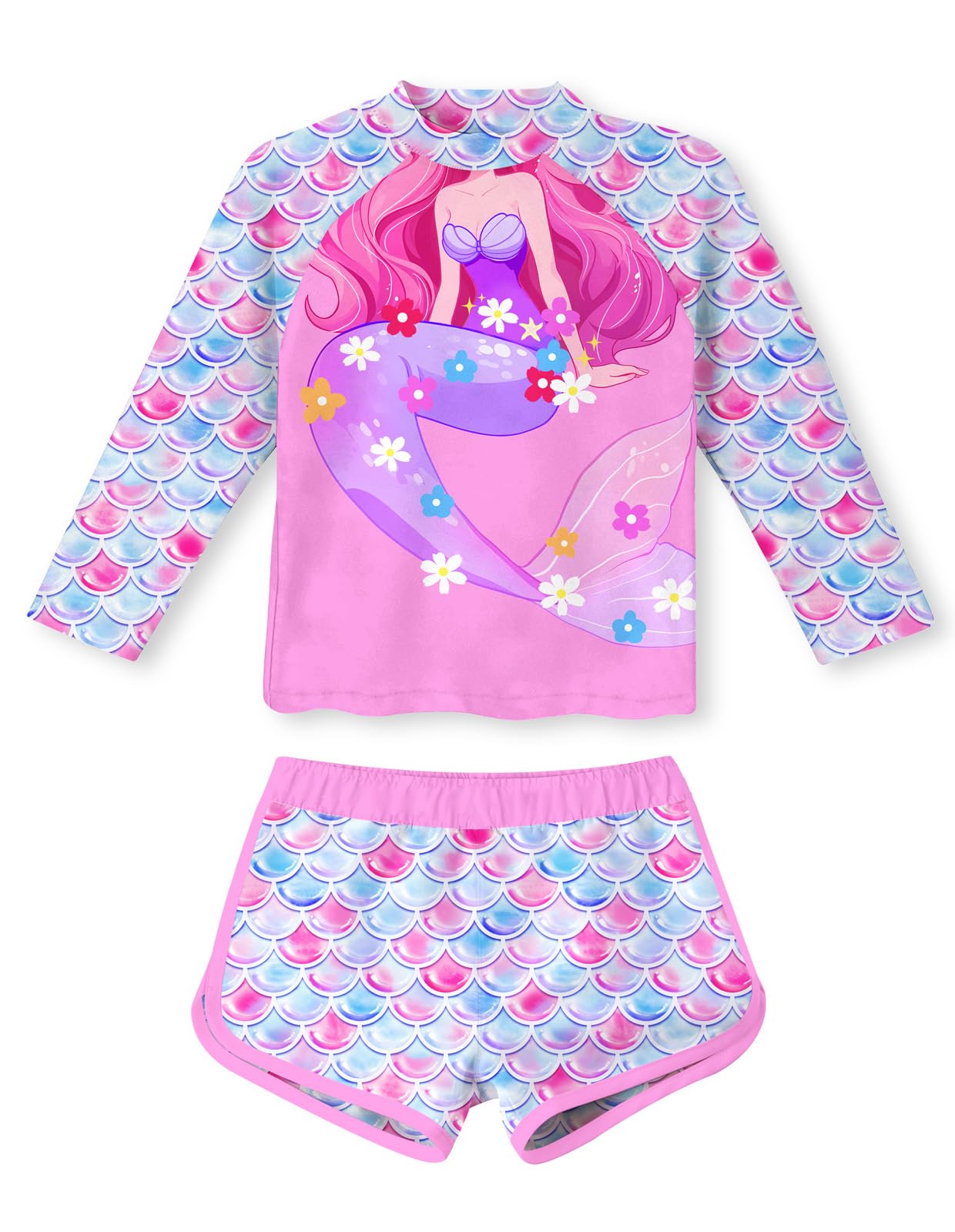 Vogseek 4-10T Girls Rashguard 2 Pieces Long Sleeve Swimsuit Swimwear with Shorts