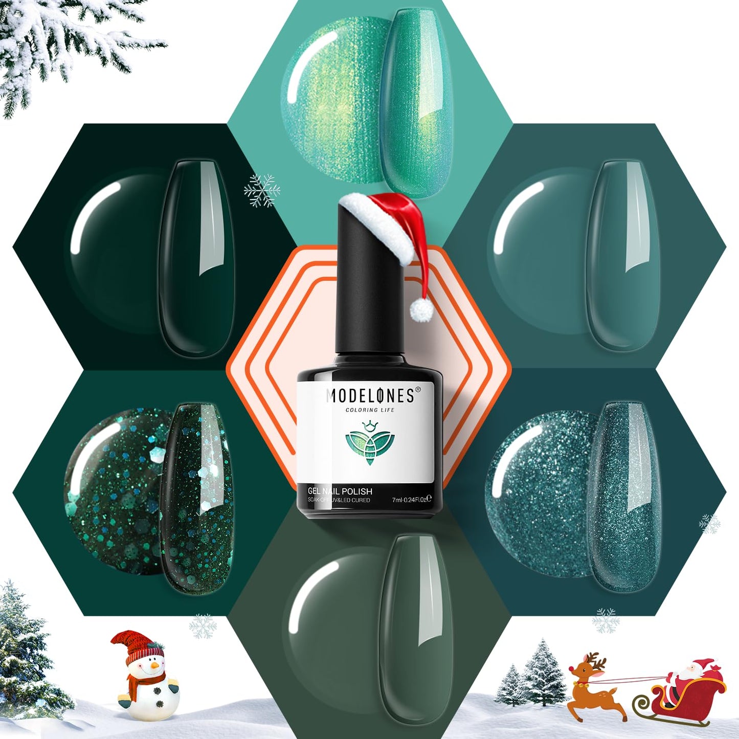 modelones Christmas Gel Nail Polish Set, 6 Colors Cat Eye Red Green Glitter Gold Silver Winter Gel Polish Kit with Magnet Nail Stickers Soak Off Led Nail Art Manicure Salon DIY New Year Holiday Gifts