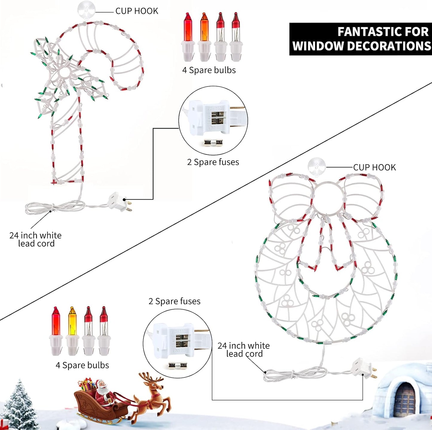 Christmas Window Silhouette Lights Decorations - Pack of 4 Sign Colour Lighted Wreath, Candy Cane, Bell, and Angel for Holiday Indoor Wall Door Glass Decor