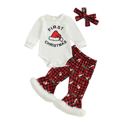 Baby Girl My 1st Christmas Outfits Letter Long Sleeve Romper Tops+Bell Bottom Pants+Headband 3 Pcs Clothes Set