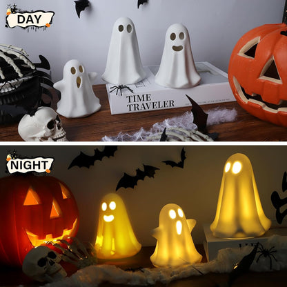 [Timer] Light Up Ghost Halloween Decor, 3 Pcs Ceramic Halloween Ghost Decorations Indoor, Cute White Ghost Figurines Statue for Indoor Decor Home Table (A)