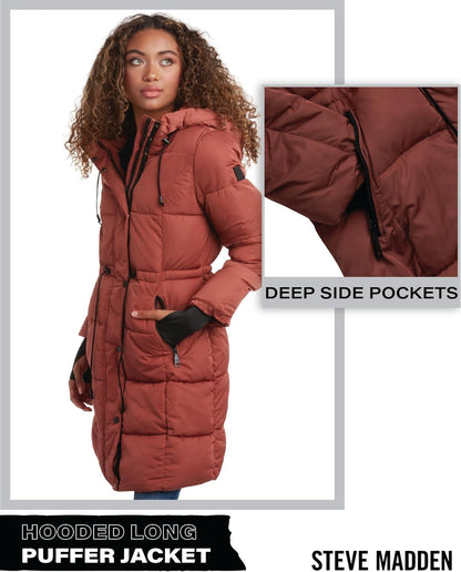 Steve Madden Womens Winter Coat - Insulated Long Hooded Quilted Parka Puffer Jacket - Warm Winter Jacket for Women