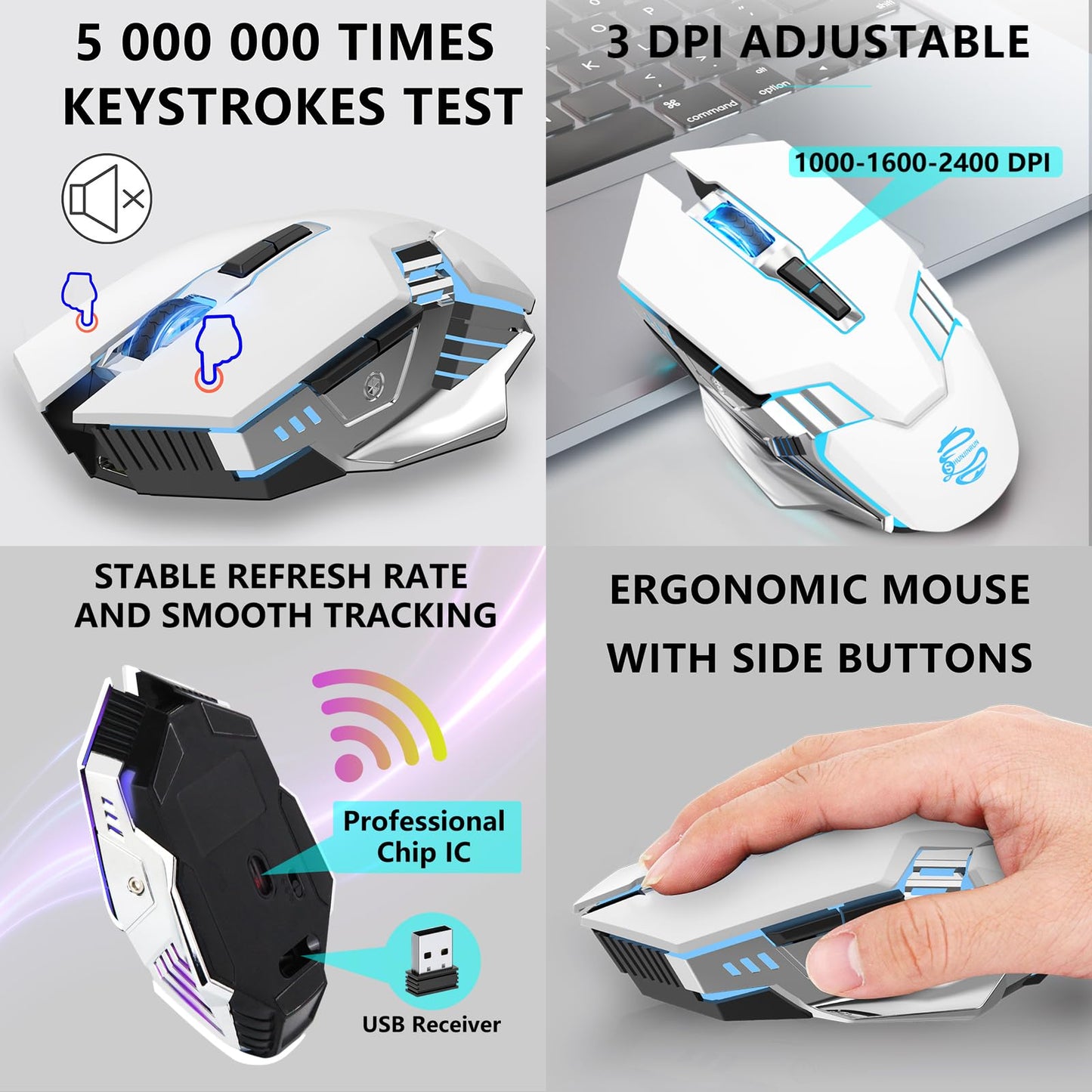 Bluetooth Gaming Mouse, RGB Rechargeable USB Wireless Mouse, Quiet Click, LED Backlit, Ergonomic, with Side Button, 6 Button, DPI Adjustable, Computer Mice for Laptop PC MacBook Chromebook - Grey