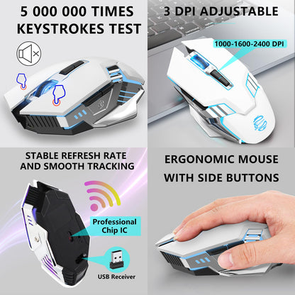 Bluetooth Gaming Mouse, RGB Rechargeable USB Wireless Mouse, Quiet Click, LED Backlit, Ergonomic, with Side Button, 6 Button, DPI Adjustable, Computer Mice for Laptop PC MacBook Chromebook - Grey