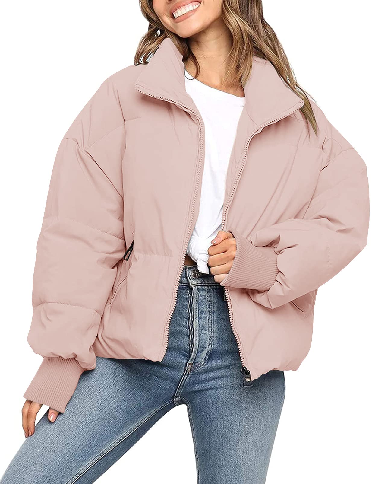 MEROKEETY Women's 2025 Winter Long Sleeve Zip Puffer Jacket Pockets Baggy Short Coats