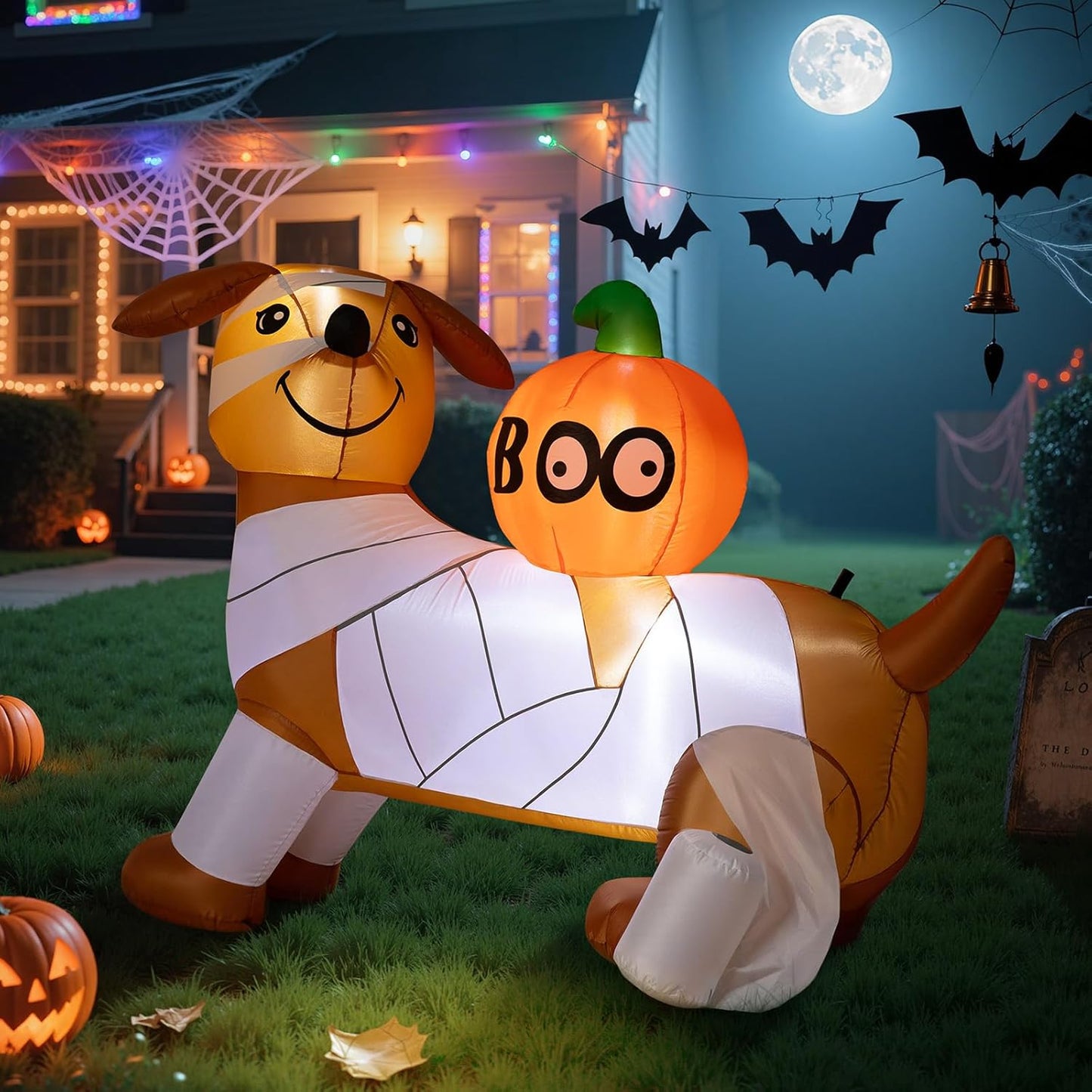 Dawdix 5FT Halloween Inflatable Mummy Dog Outdoor Decoration, Funny Blow Up Puppy Wrapped in Toilet Paper with Boo Pumpkin, Halloween Inflatable Dachshund Decor for Yard, Lawn, Garden, Porch