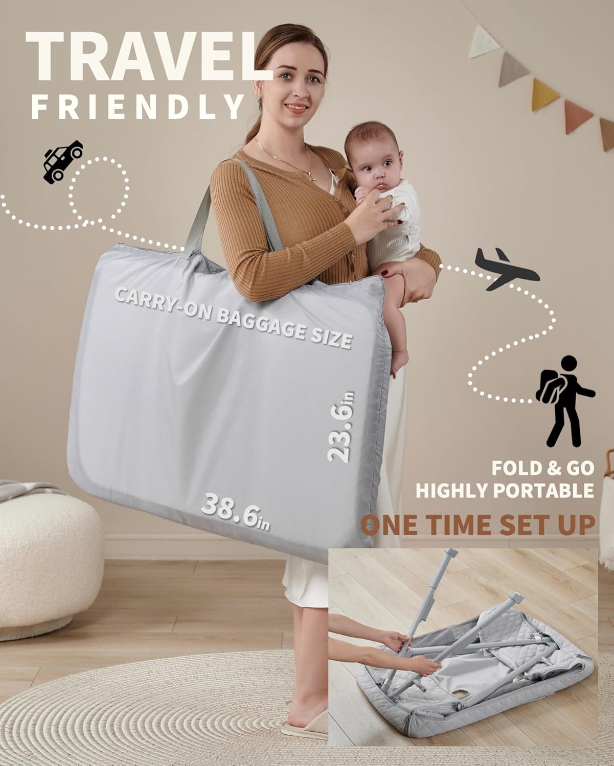 AirClub Bassinet Bedside Sleeper, Baby Crib for Newborn, Baby Bassinets Bedside Sleeper with 4 Auto-Lock & Adjustable Height, Breathable Mesh & Mattress, Bedside Bassinet