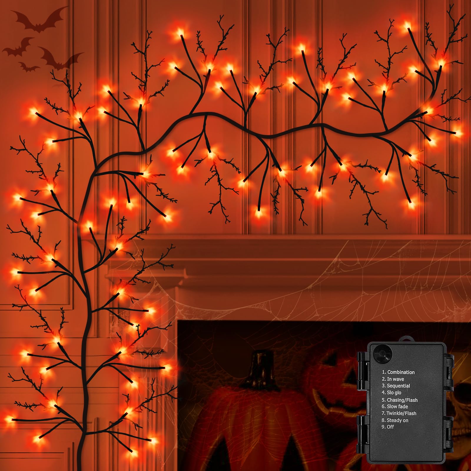 7 Ft Halloween Decorations Willow Vine Twig Garland with 8 Modes Timer 63 LED Orange Purple Lights, Halloween Garland with Waterproof Battery Operated for Wall Fireplace Decorations Indoor Outdoor