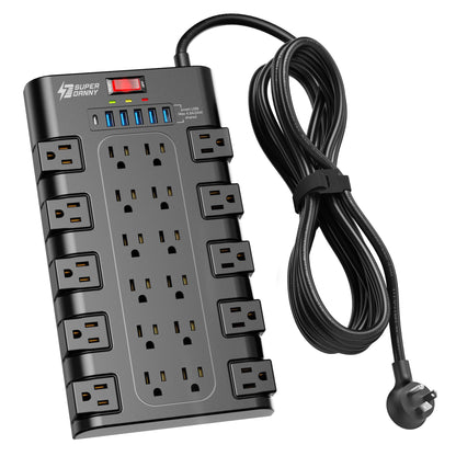 Power Strip, SUPERDANNY Surge Protector with 22 AC Outlets and 6 USB Charging Ports, 1875W/15A, 2100 Joules, 6.5Ft Flat Plug Heavy Duty Extension Cord for Home, Office, Dorm, Gaming Room, Black