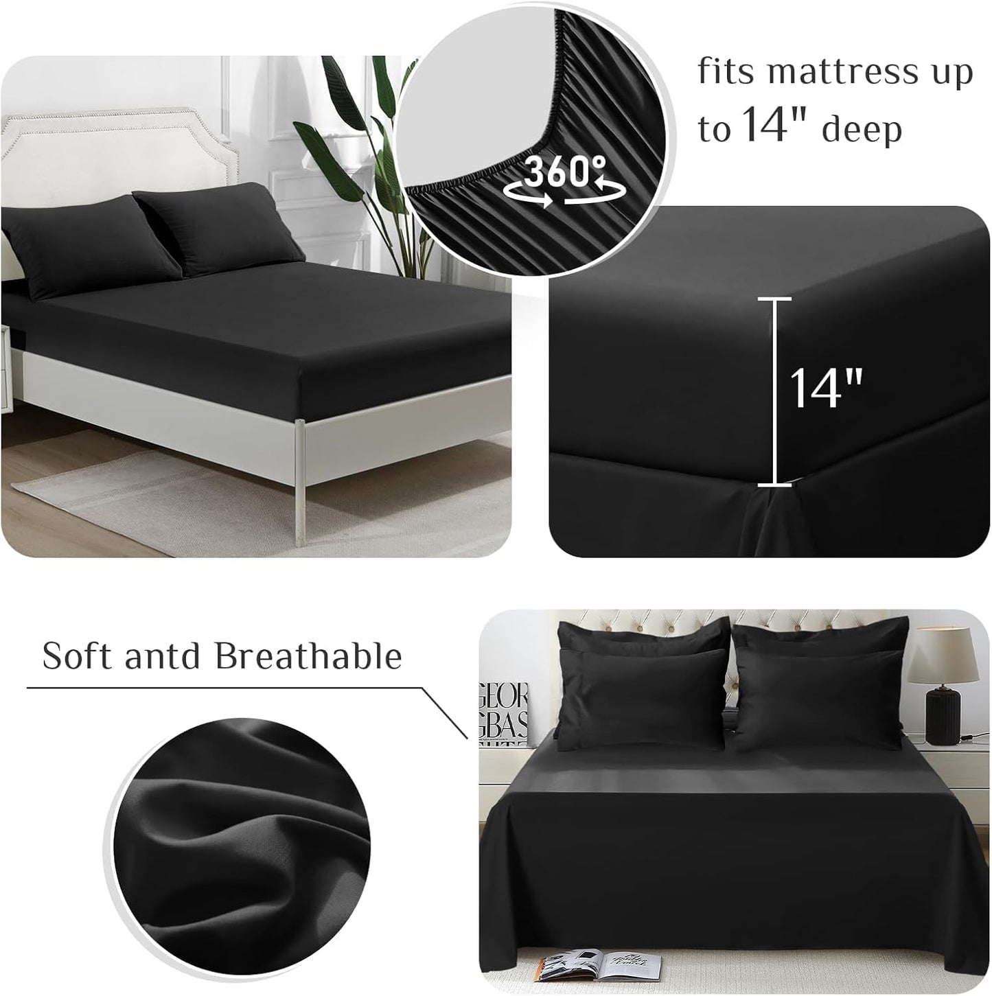 JOLLYVOGUE Queen Comforter Set, Ultra-Soft Bed in a Bag Queen Size 7 Pieces, Oeko-TEX Certified Bedding Set with Down Alternative Comforter, Sheets, Pillowcases & Shams, Black