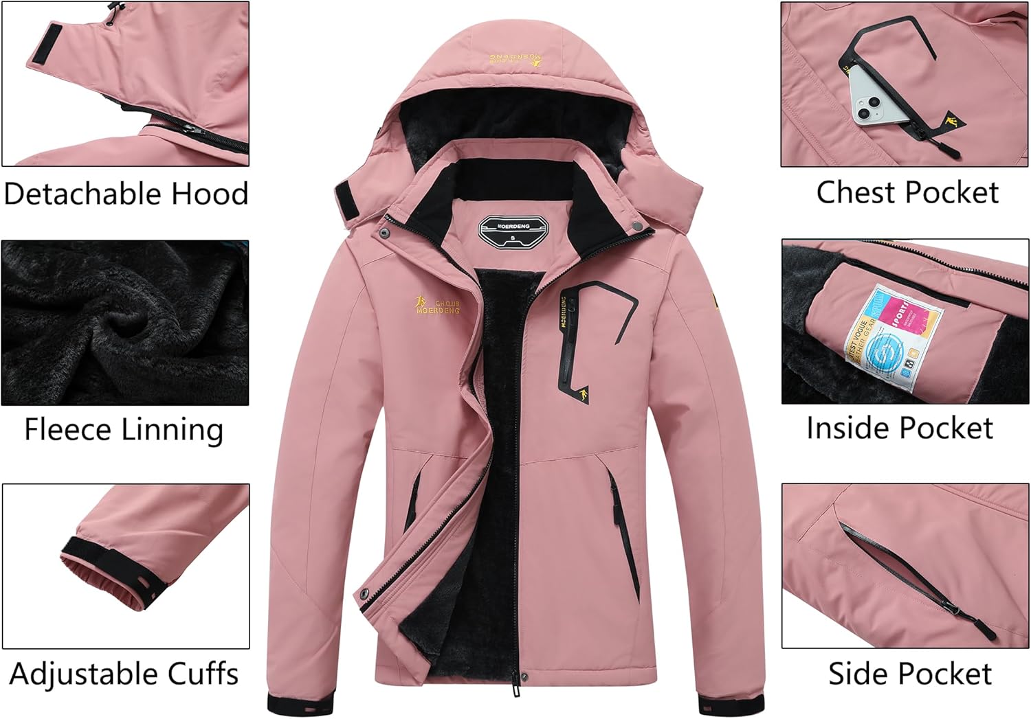 MOERDENG Women's Waterproof Ski Jacket Warm Winter Snow Coat Mountain Windbreaker Hooded Raincoat Jacket