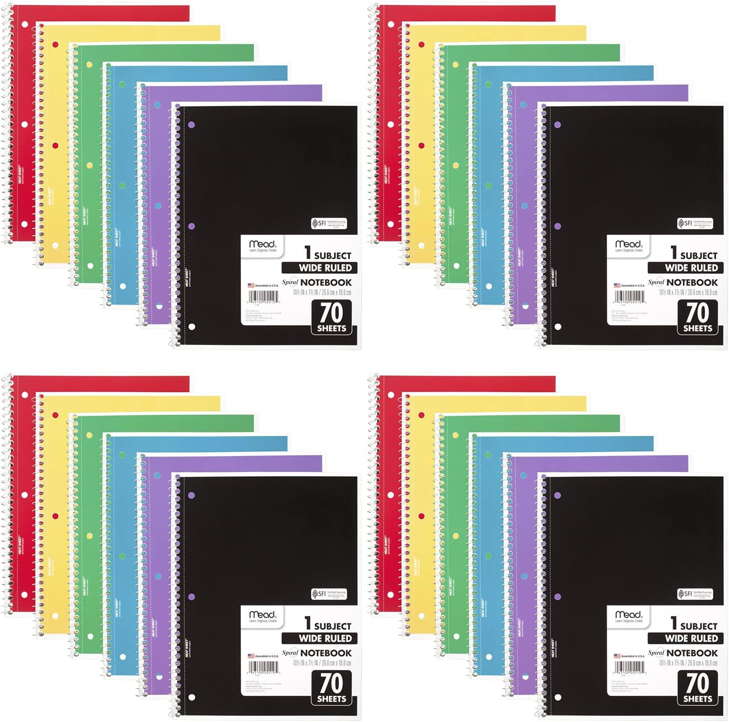 Mead Spiral Notebooks, 24 Pack, 1 Subject, Wide Ruled Paper, 7-1/2" x 10-1/2", 70 Sheets per Notebook, Color Will Vary (05510)