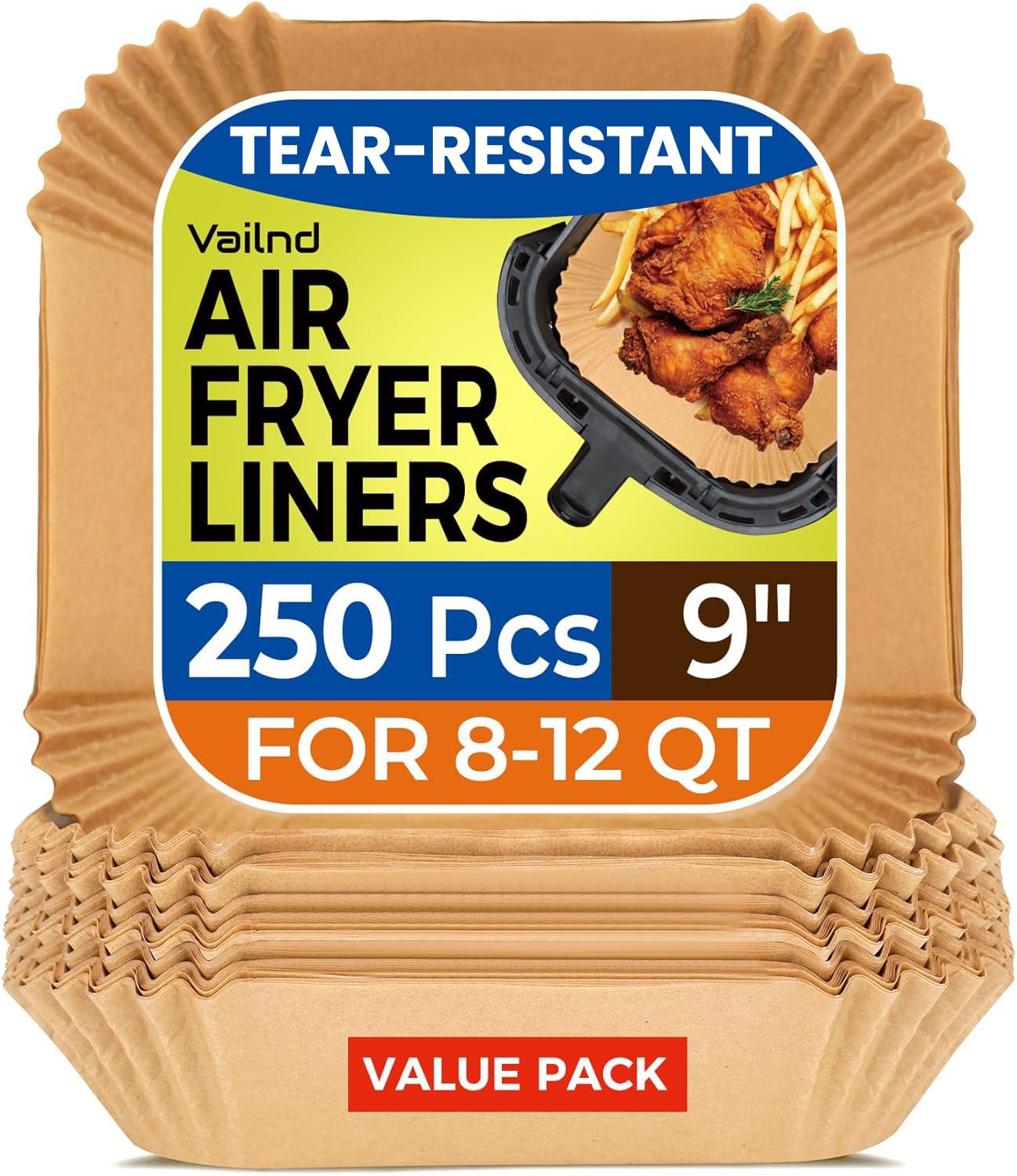 Air Fryer Paper Liners, 125Pcs Parchment Paper, Air Fryer Liners Disposable for Microwave, Non-Stick Air Fryer Liner Square Free of Bleach (8IN)