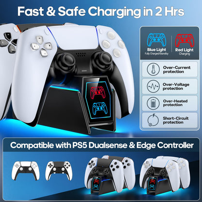 PS 5 Controller Charger Station Compatible with PlayStation 5 Faceplates Edge & Dual Controller, 9 Lightings PS 5 Accessories Charging Station, PS 5 Dock Stand with LED Indicator & On-Off Switch