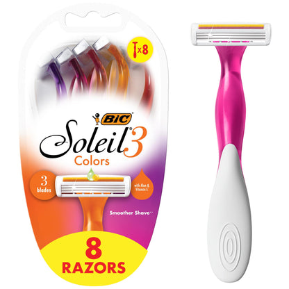 BIC Soleil Smooth Colors Women's Disposable Razors With Aloe Vera and Vitamin E Lubricating Strip for Enhanced Glide, With 3 Blades, 10 Count
