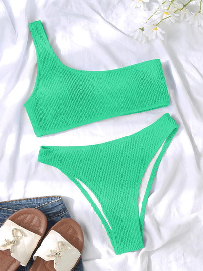 Limeeke Women One Shoulder Bikini Set Ribbed Textured Two Piece Swimsuit High Cut Cheeky Bathing Suit