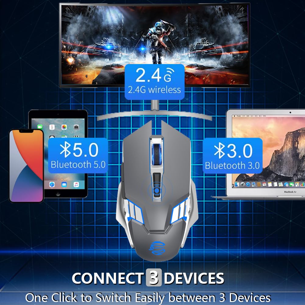 Bluetooth Gaming Mouse, RGB Rechargeable USB Wireless Mouse, Quiet Click, LED Backlit, Ergonomic, with Side Button, 6 Button, DPI Adjustable, Computer Mice for Laptop PC MacBook Chromebook - Grey