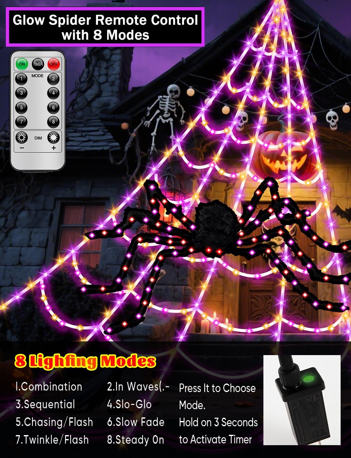 Spider Webs Halloween Decor Lights - 450 LEDs Outdoor Halloween String Lights with 60" Light Up Spider,8 Modes Remote Control 16.4Ft Spiderweb,Waterproof (New Orange-Purple Grid Luminous Net)