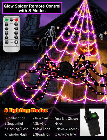Spider Webs Halloween Decor Lights - 450 LEDs Outdoor Halloween String Lights with 60" Light Up Spider,8 Modes Remote Control 16.4Ft Spiderweb,Waterproof (New Orange-Purple Grid Luminous Net)