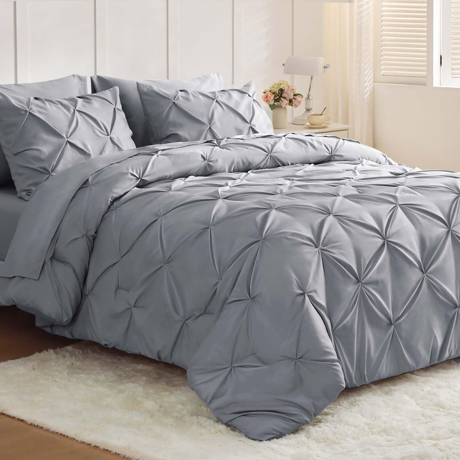JOLLYVOGUE Queen Comforter Set 7 Pieces - Bed in a Bag Queen for All Season, Pintuck Bedding Comforter Sets with Comforter, Flat Sheet, Fitted Sheet and Pillowcases & Shams, Black